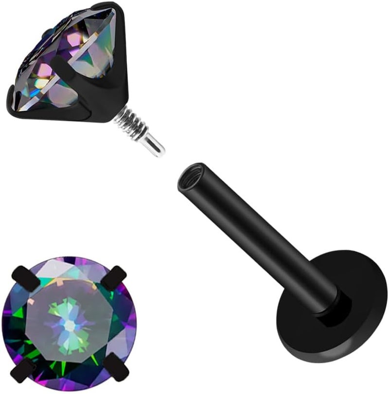 Kiethleasa Store 16G 18G Moissanite Earring D Color VVS1 Clarity, G23 Titanium Internal Thread Flat Back Earrings, Silver Black Piercing Jewelry for Tragus Helix Conch Cartilage, Hypoallergenic Nose Stud for Women Men 1PCS - Image 1